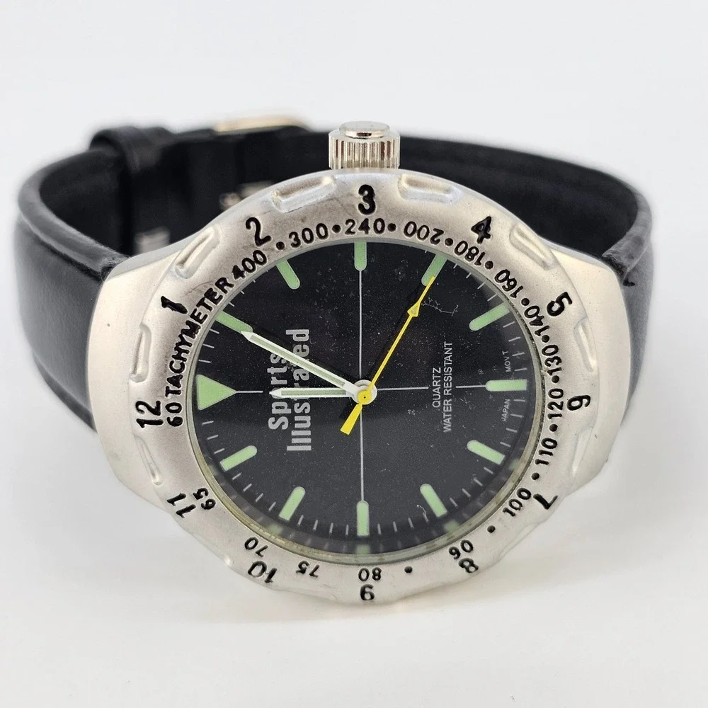 Sports Illustrated Men's Watch 40MM Black Dial Black Leather Bands New Battery